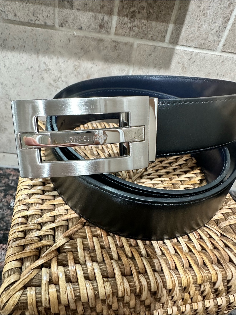 Men’s Longchamp Black or Navy reversible Leather Men’s Belt with Silver Buckle